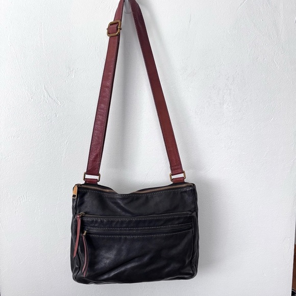 Fossil black leather 3 zip bag medium size - Picture 1 of 13